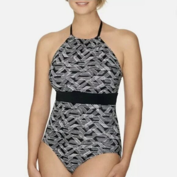 Time & Tru Women's Halter One Piece Swimsuit Abstract Black Print Size 1X - Picture 1 of 6
